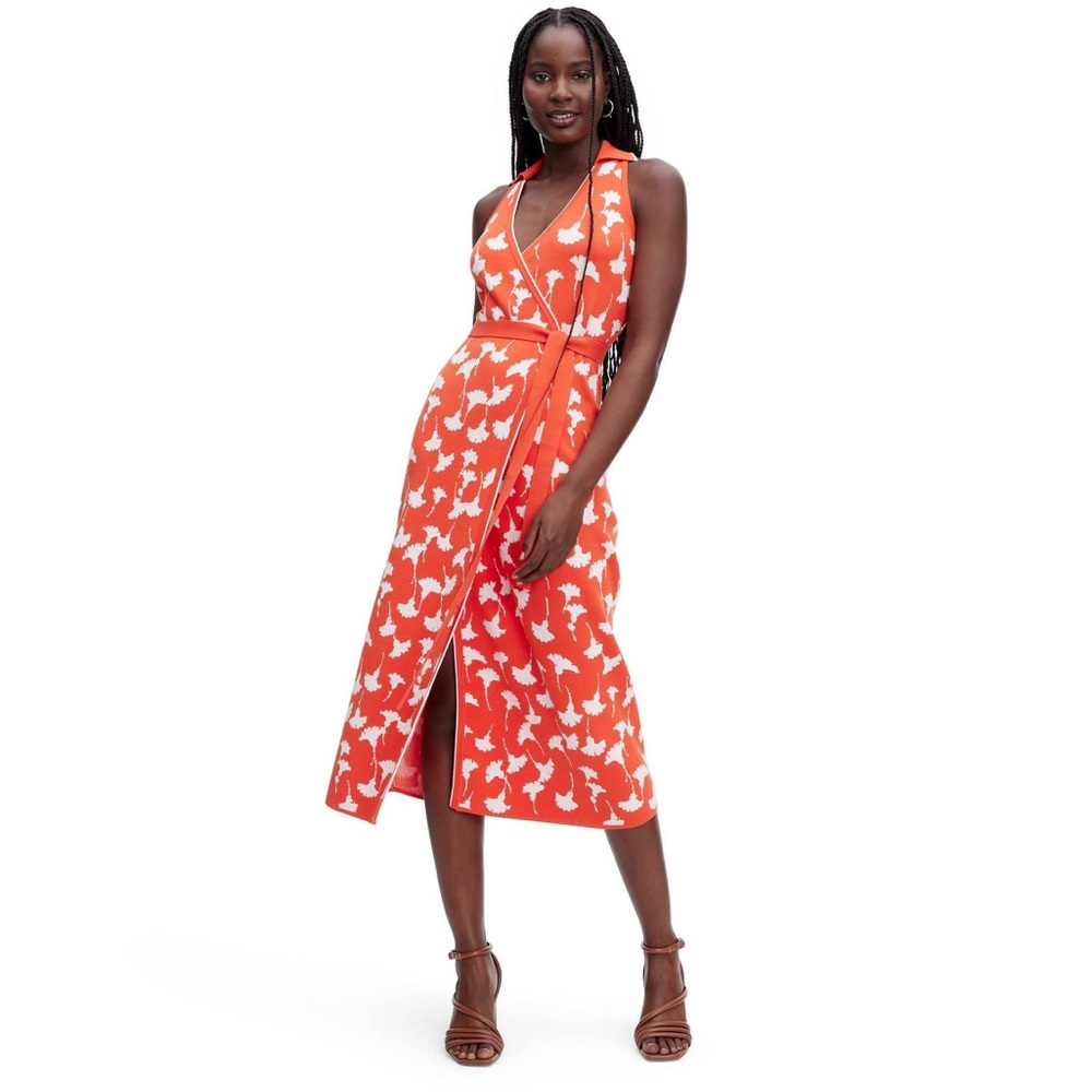 NWT - Collared Sleeveless Ginkgo Cherry Tomato Sweaterknit Midi Wrap Dress - DVF
